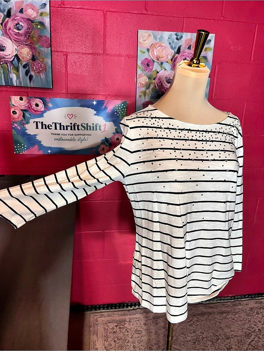 Apt. 9 Striped Embellished Long Sleeve Top in White & Black Like